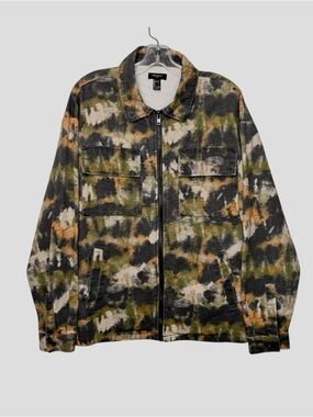 Forever 21 Men Abstract Camo Trucker Jacket L Heavy Canvas Zip Utility Gorpcore
